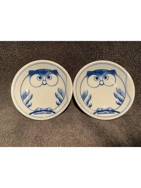 Japanese Ceramic ‘Lucky Owl’       3.5”D Sauce Dishes  - Set of Two